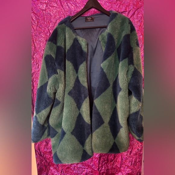 Lala Blue & Green Checkered Faux Fur Coat - Picture 2 of 12